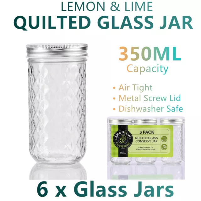 6x Quilted Air Tight Glass Storage Jars Small Mason Wide Bottle Food Spice 350ML