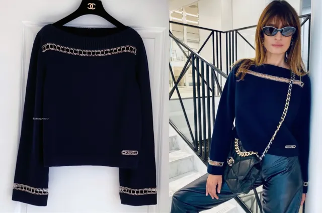 NEW 20C RUNWAY Chanel Navy Blue Gold Chain Cashmere Knit Sweater 38  $1,699.00 - PicClick