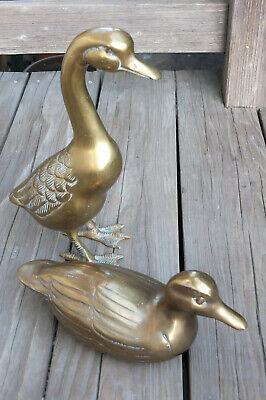 2 Large Vintage Solid Brass Duck Figurines Statues with Patina 10"  &11.5"
