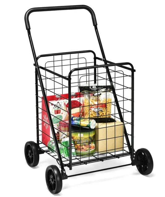 Black Portable Folding Shopping Cart Utility For Grocery Laundry