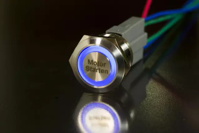LED Starterknopf blau Start Knopf Startknopf 22 mm Lasergravur: "Motor Starten"
