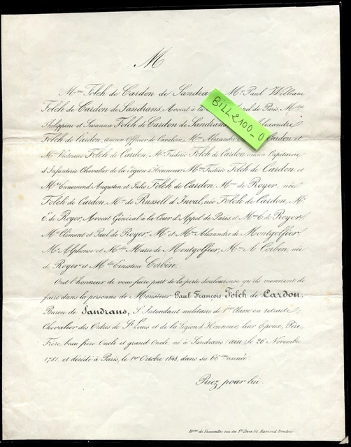 FAIREPART DÉCÈS MR. Folch de Cardon Baron de Sandrans . Paris 1848 EUR