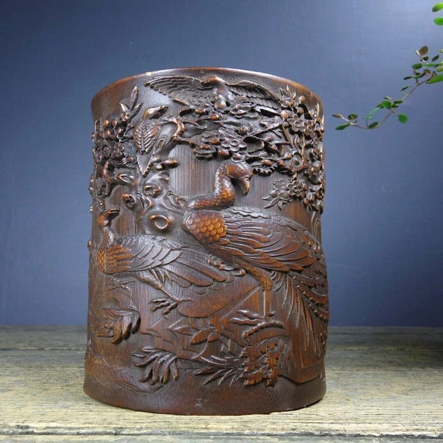 Chinese Old Bamboo Carved Beautiful Flowe Bird Brush Pot Office Supplies Art
