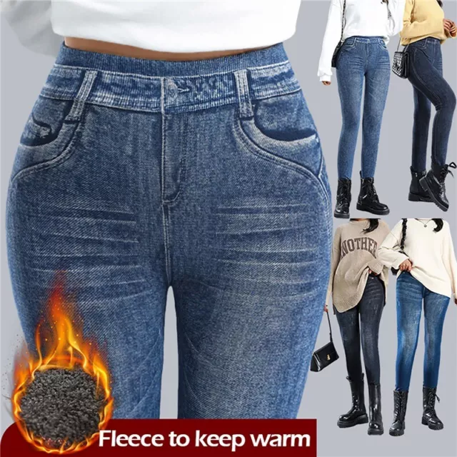 Women Warm Fleece Lined Stretch Denim Jeans Thermal Winter Leggings  Jeggings 