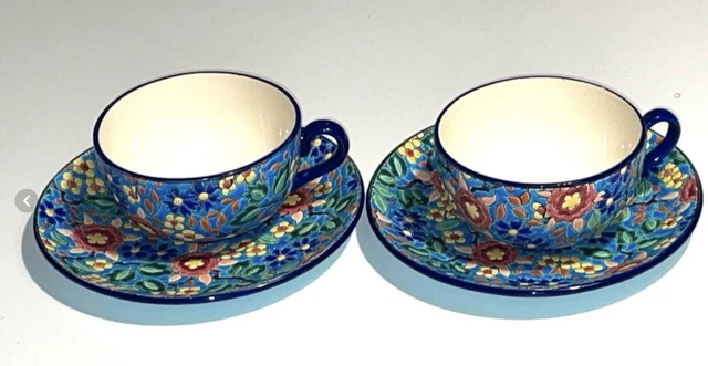 Lot de 2 grandes tasses et 2 soucoupes en émaux de Longwy