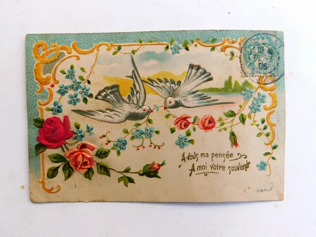 CPA. Embossed postcard. Two doves and roses. 1906 (ref. CP/CC15)