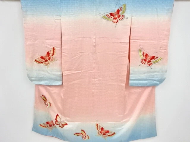 44768# Japanese Kimono / Antique Kimono For Girls / Embroidery / Butterfly