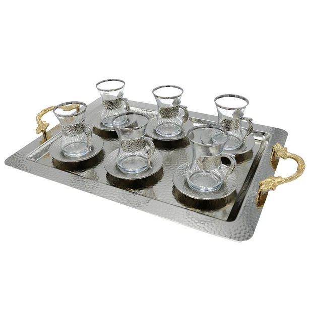 Turkish Luxury 13 Piece Tea Cup Set Ottoman Style with Rectangular Tray - Silver