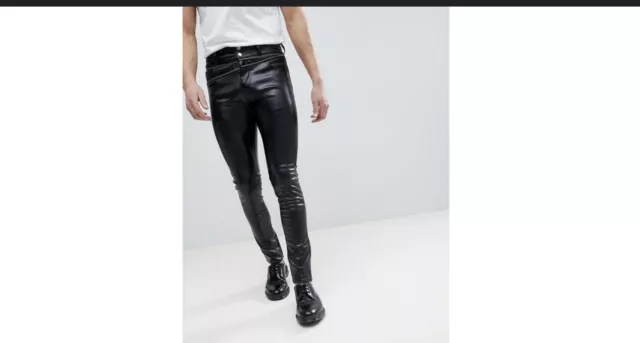 ASOS Design Men Faux Leather Black  Skinny Leg Pants 32W 32L 5 Pocket Zip