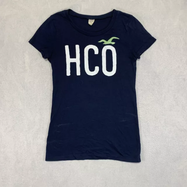 Hollister T Shirt Women's Medium Navy Blue Baby Tee Embroidered Logo Beach