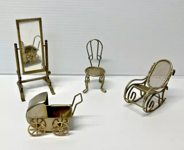Dollhouse Miniatures 1:12 Brass: Rocking Chair Mirror Baby Buggy Chair 4 pc lot