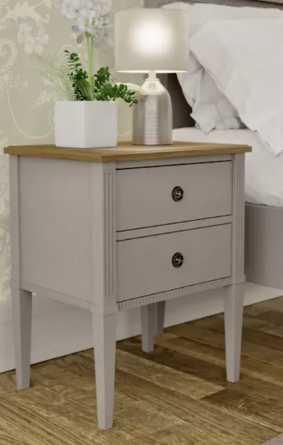 BNWT Laura Ashley Eleanor 2 Drawer Bedside Table, Pale French Grey with Oak Top