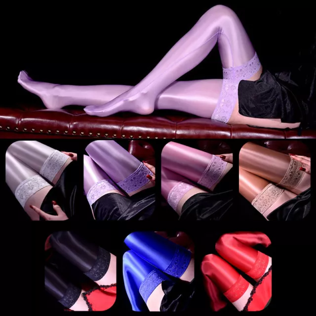 Womens Oil Shiny Glossy High Stockings Lace Silicone Stay Up Thigh-Highs  Hosiery