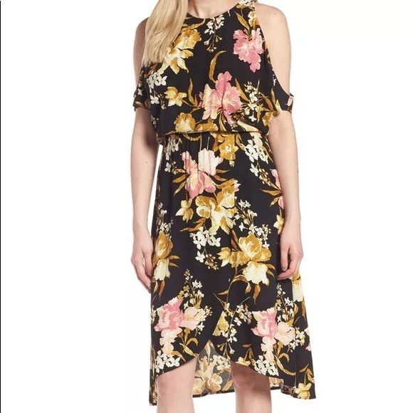 Leith womens dress size M black floral print cold shoulder cross front midi