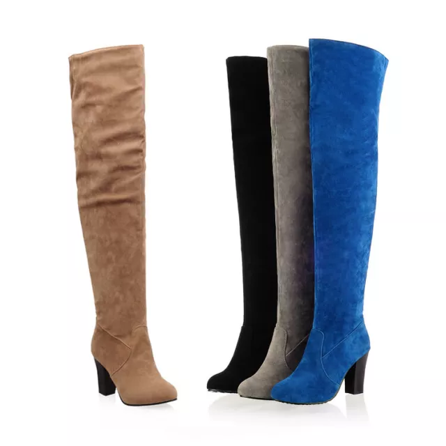 Ladies Club Shoes Faux Suede High Block Heel Zip Up Over Knee Boots AU Size b229