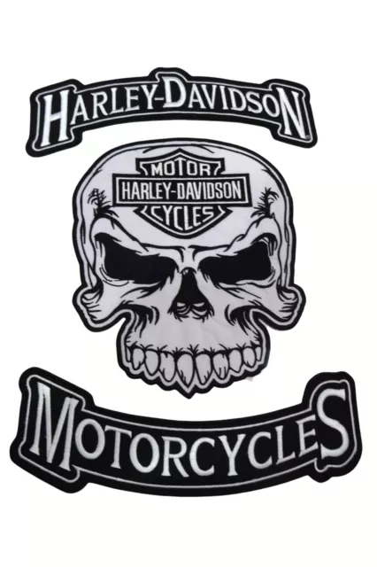 3pc White Skull Harley Davidson Large Biker Patch Embroidered Iron Sew On Patch