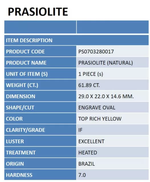 Prasiolite Engrave Oval Huge Size! 61.89Ct.top Rich Yellow! 2