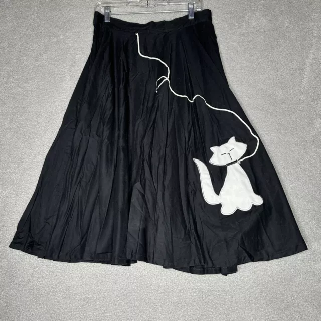 Handmade Womens A Line Full 50s Style Skirt Size Medium Black Cat Applique Midi