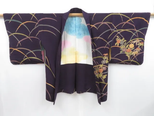 3514T05z600 Vintage Japanese Kimono Silk HAORI Flower Dark purple