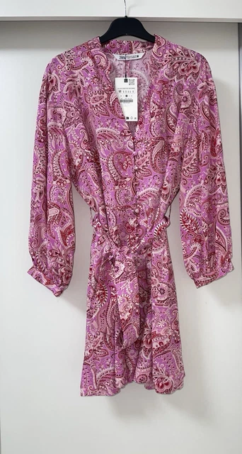 zara pink paisley dress ZARA Paisley Satin Dress with Belt Sz L Pink Multi