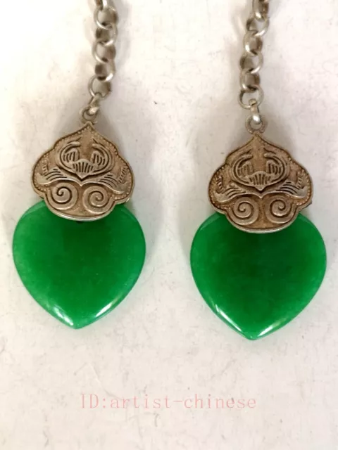 Collection Chinese Tibet Silver Jadeite Jade Inlay Carving Bat Earrings Pendant 2