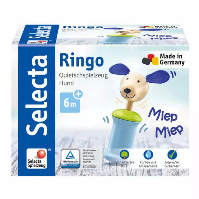 Selecta Spielzeug Ringo Hund Greifling mit Quietsche Rassel Kleinkindspiel 12 cm