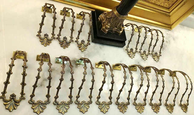 Lot of 16 Gold Scroll Ornate Brass Metal Curtain Drapery Tie Back Brackets Ware