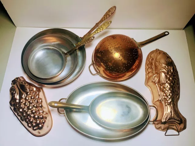 Set of 3 VINTAGE French Copper Sauté Pans w/ Ornate Brass Fish Handles #44 +MORE Set of 3 VINTAGE French Copper Sauté Pans w/ Ornate Brass Fish Handles #44 +MORE