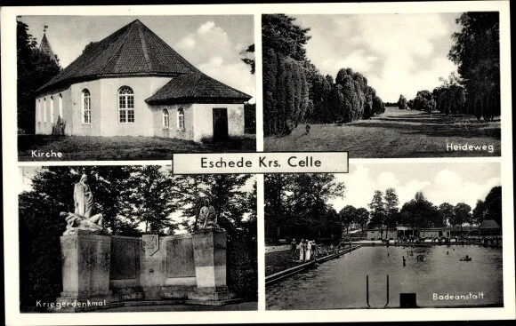 Ak Eschede in Niedersachsen, Kirche, Heideweg, Kriegerdenkmal,... - 3302587