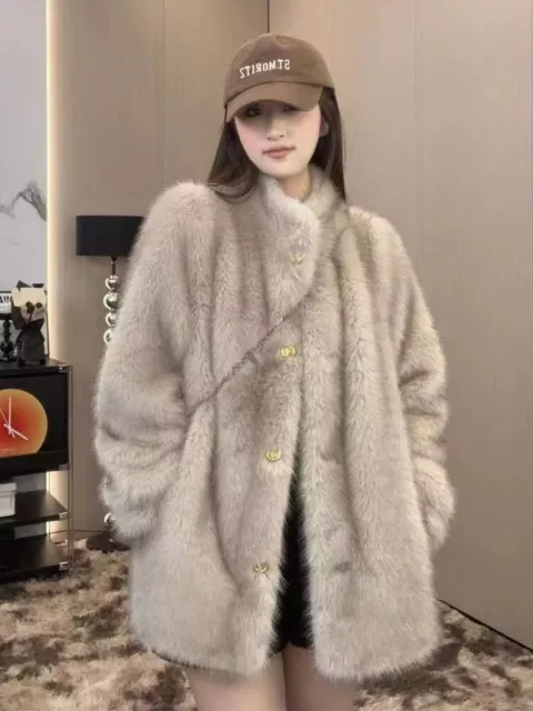 Mink Plush Coat Women Stand Collar Mid-length Fox Mink Fur Coat Warm Overcoat 2