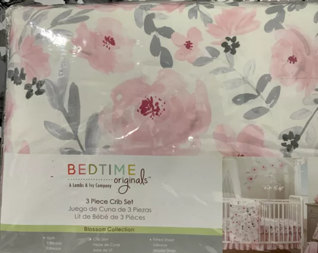 💐 Bedtime Originals Blossom Pink Watercolor Floral 3-Piece Baby Bedding Set🆕