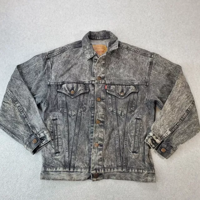 Vtg Levi Strauss Black Denim Trucker Jacket Distressed Boys Large 16/18 57508