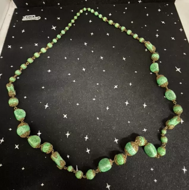 Vintage 28" Green Czech glass & Brass Necklace