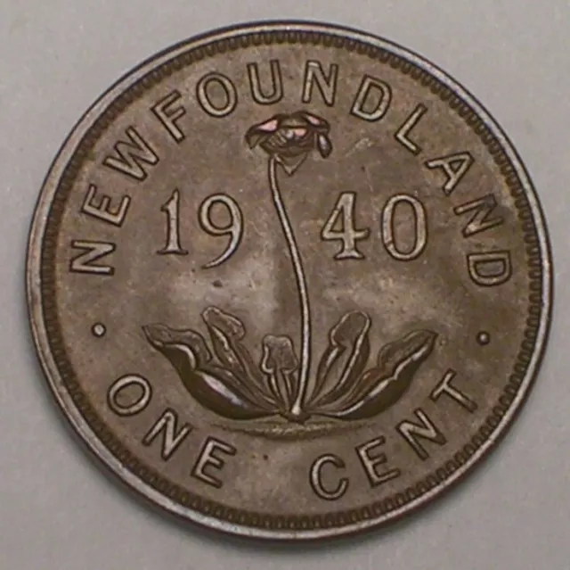 1940 Newfoundland Canada Canadian One 1 Cent George VI Pitcher Plant Coin VF+