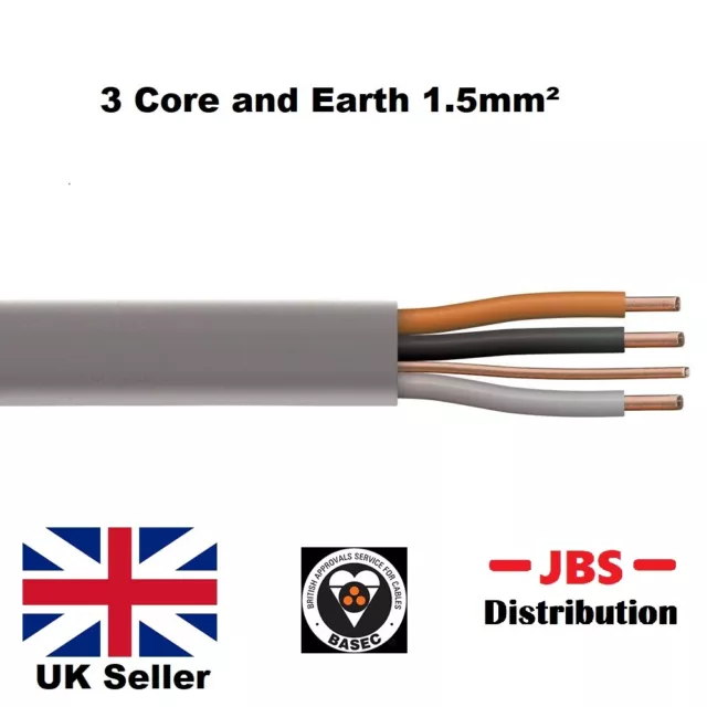 3 Core and Earth 1.5mm² Cable Per Metre BASEC New Colours Brown Black Grey