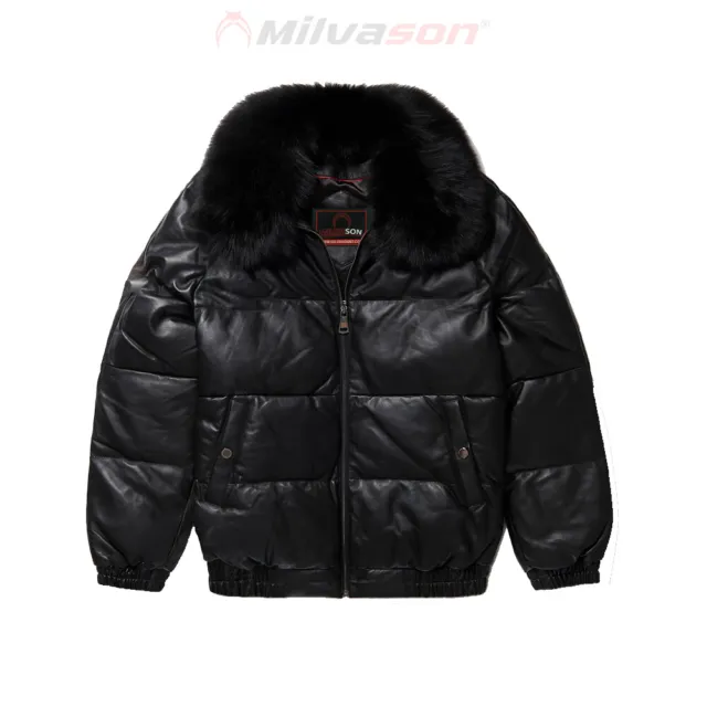 Men's Leather Jacket with Fox Fur Collar - Bubble Black Leather V-Bomber Jacket