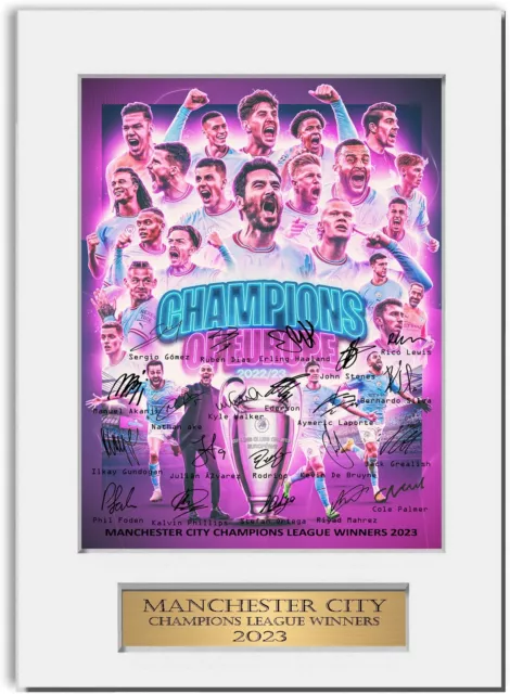 Manchester City 2023 Champions League Winners Signed Team Photo Display Poster