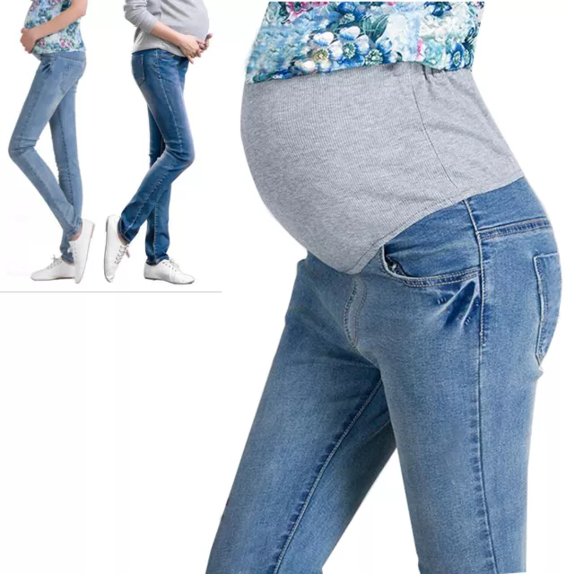 Elegant Maternity Skinny Denim Trousers Pregnancy Jeans Pants Over Bump UK 6-14