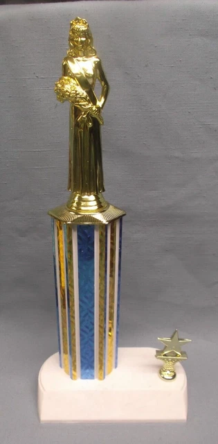 female trophy award queen topper white gold blue column prom pageant