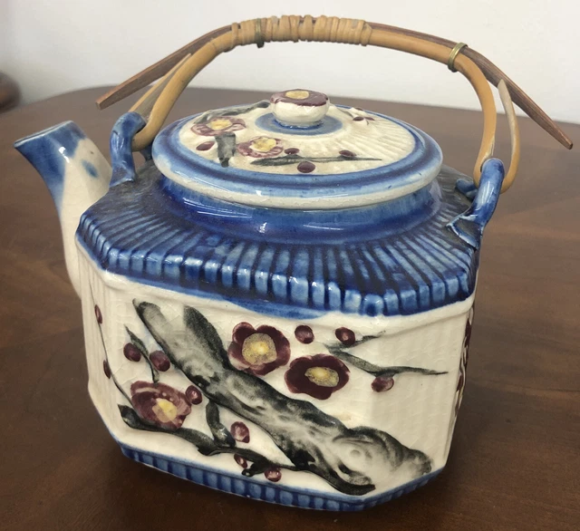 Vintage Hand Painted Ceramic Blue Cherry Blossom Teapot Made in Japan