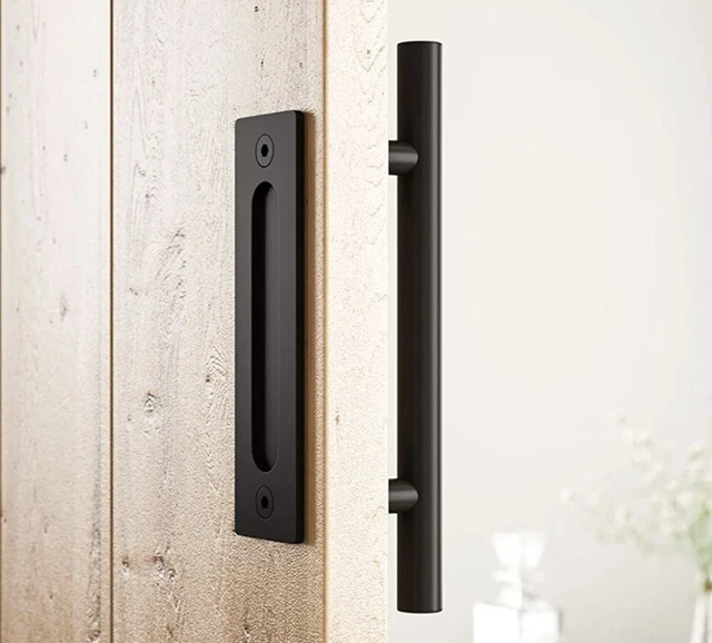12" Heavy Duty Sliding Barn Door Handle Pull and Flush Hardware Set Round Black 2