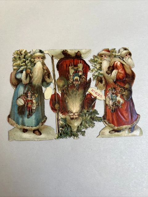 3 Antique Embossed Victorian Scrap Die Cut Santa 3.25"
