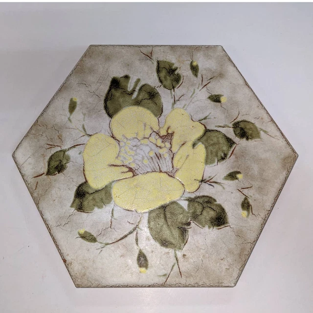 Vintage Hand painted Italian hexagonal floral trivet yellow flower tile Clay