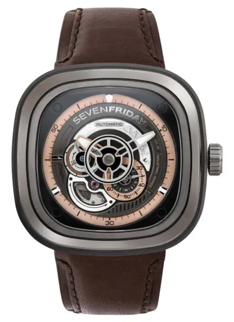 SEVENFRIDAY P-Series Automatic Gunmetal PVD Brown Leather Men's Watch P2C/01