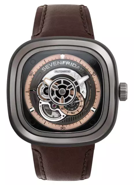 SevenFriday P-Series Automático Gunmetal PVD Piel Marrón Reloj Hombre P2c/01