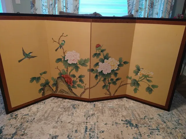 Beautiful Asian Silk Screen 4 Panel Hand Painted 6' X 3', Birds, Flowers