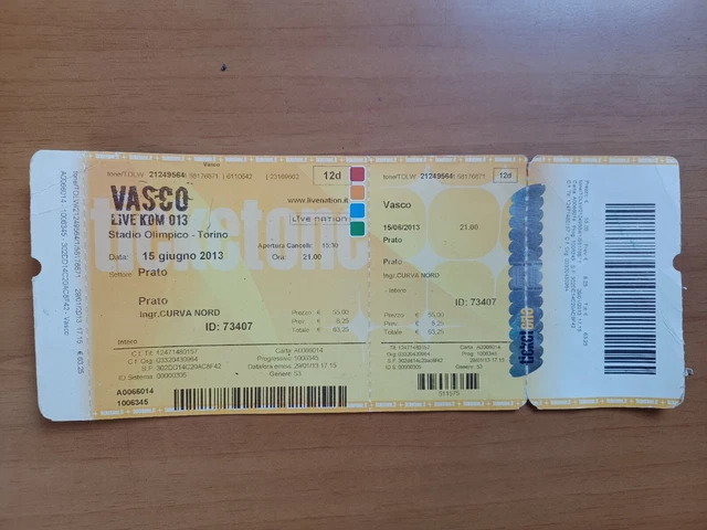 Vasco Rossi  Unused Ticket Biglietto Originale Concerto Nuovo Torino Tour 2013