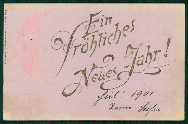 Art Nouveau Happy New Year Paper Moon Relief cartolina TC6668