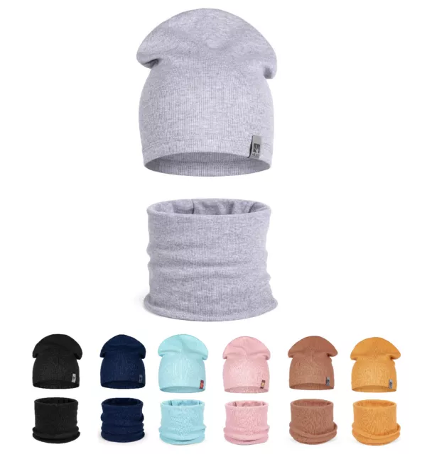 Beanie Kinder Mütze Schlauchschal Set Mädchen Jungen Herbst Strickmütze Schal