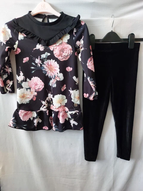 Firetrap Black Pink Rose Dress Leggings Print 2 Piece Set Long Sleeve Outfit